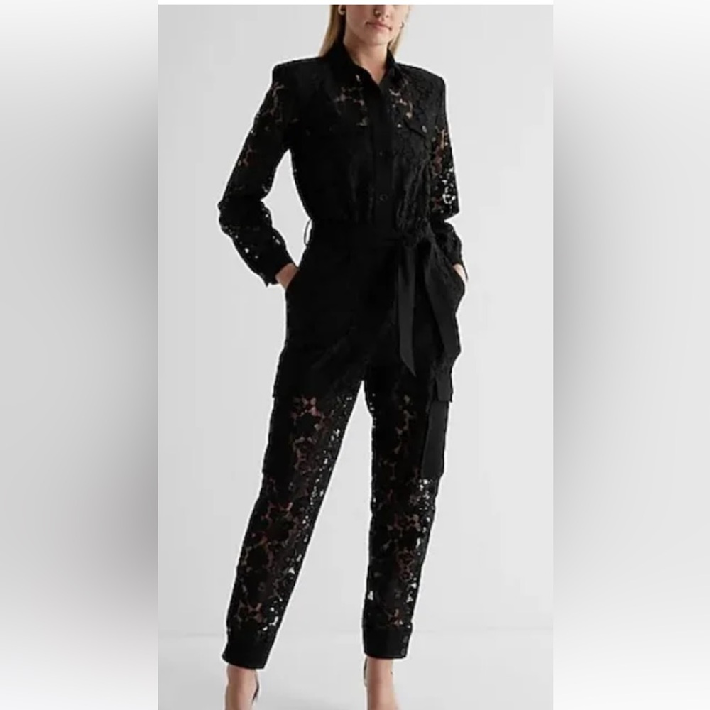 NWT Express black lace cargo pantsuit jumpsuit sheer. One piece
